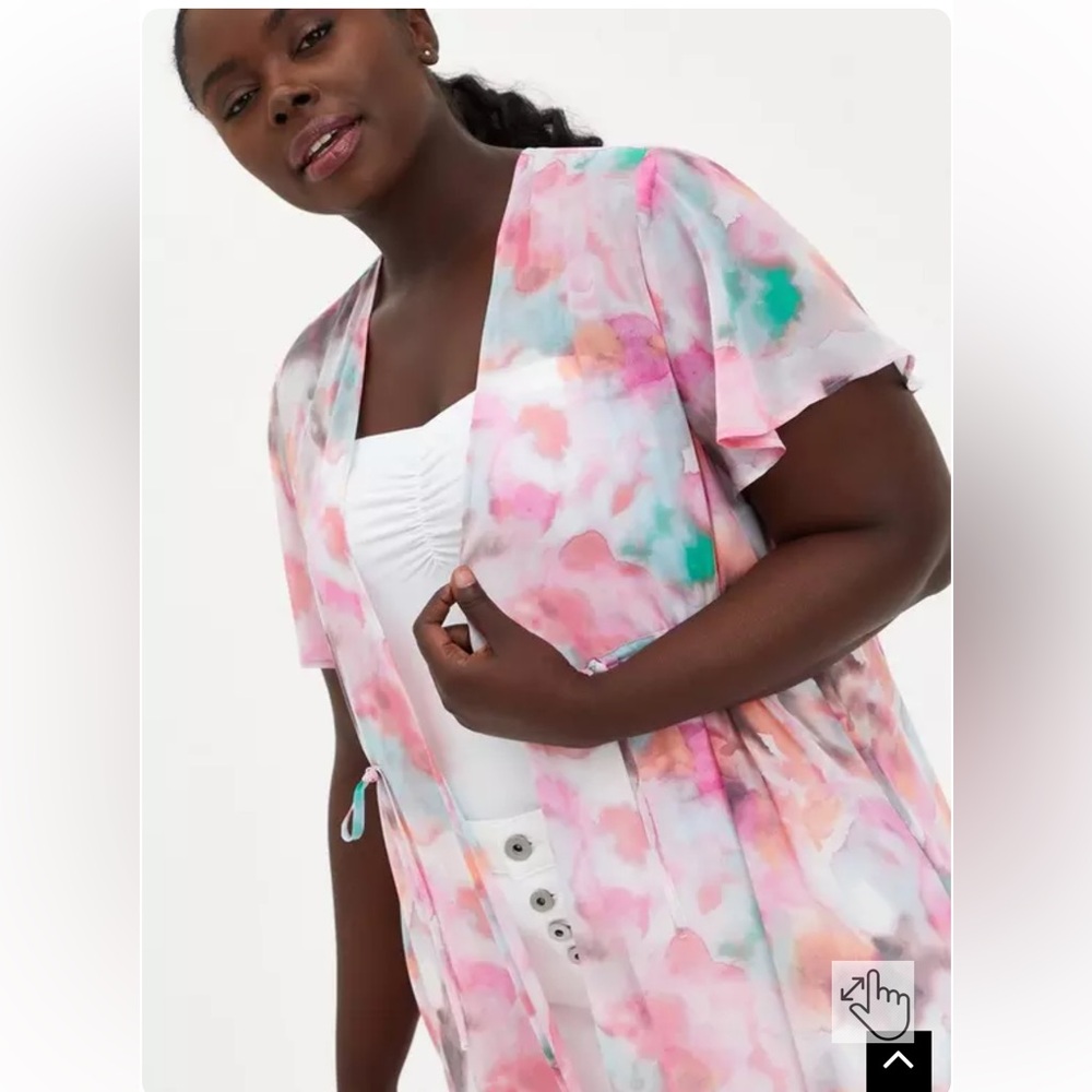 TORRID Watercolor Pink Tie-Dye Chiffon Tie Front Kimono - Size 3 NWOT